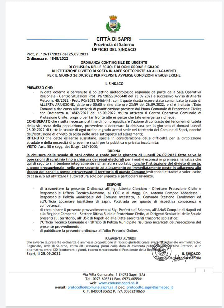 Chiusura scuole di ogni ordine e grado del comune di Sapri per allerta meteo 26.09.2022